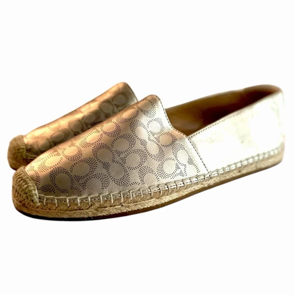Coach Carley Metallic‎ Pale Gold Signature Espadrille Flats Size 9.5